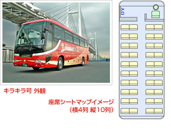 キラキラ号外観と座席シートマップイメージ